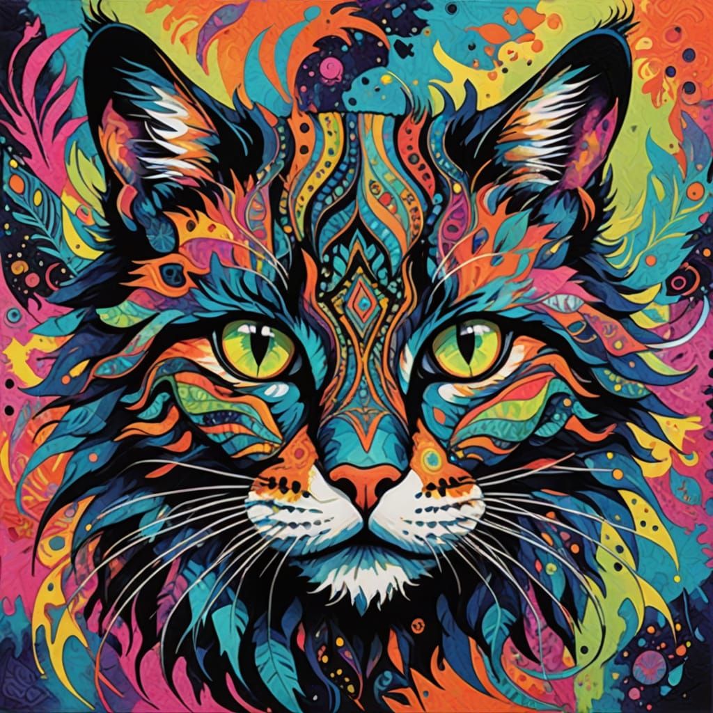 Vibrant Fractal Feline Portrait in Abstract Collage