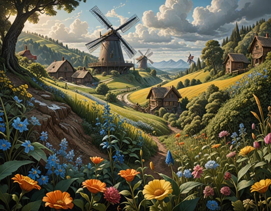 Surreal Romantic Mural: Dreamlike Landscape with Windmills a...