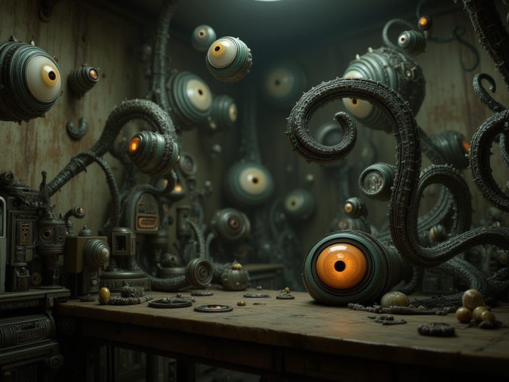 Ogling Eyes Hover in Dimly Lit Kitchen