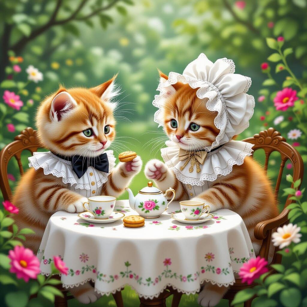 Whimsical Kitten Tea Party in Enchanted Garden