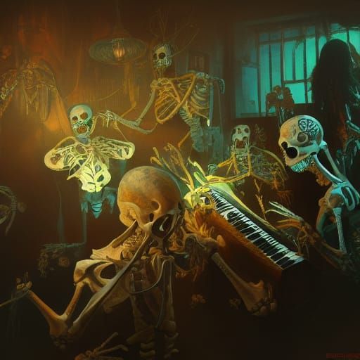 Horror Illustration of Skeletons Playing Instruments
