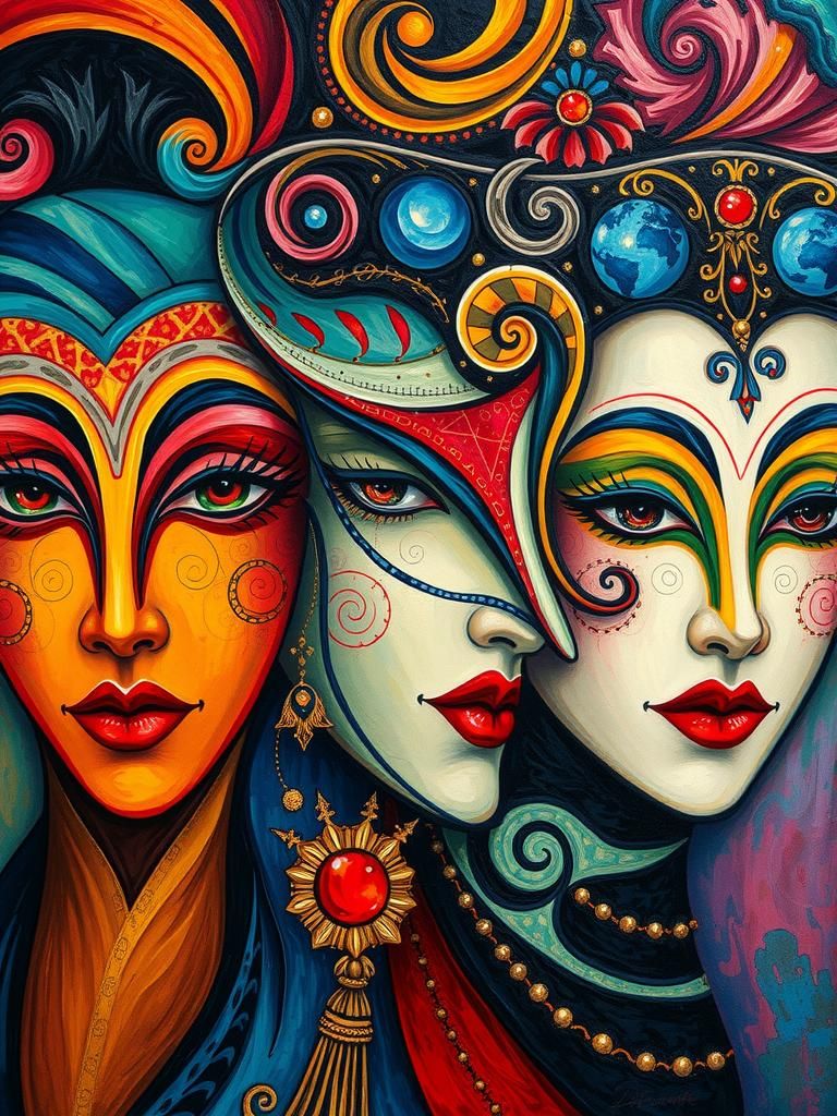 Vibrant Abstract Faces of Venice Carnival in Expressionist S...