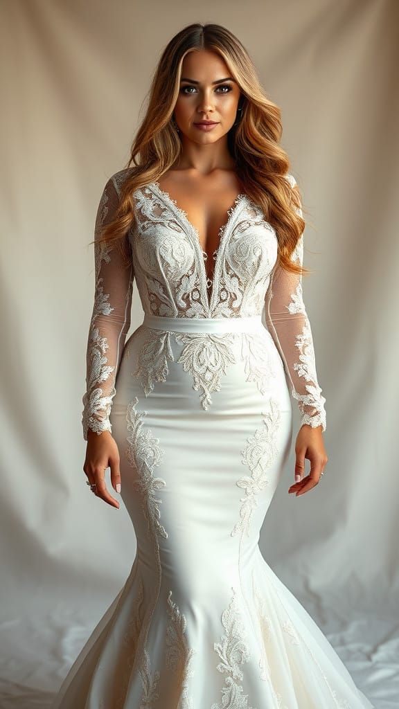 Elegant Curvy Lady in White Lace Wedding Dress