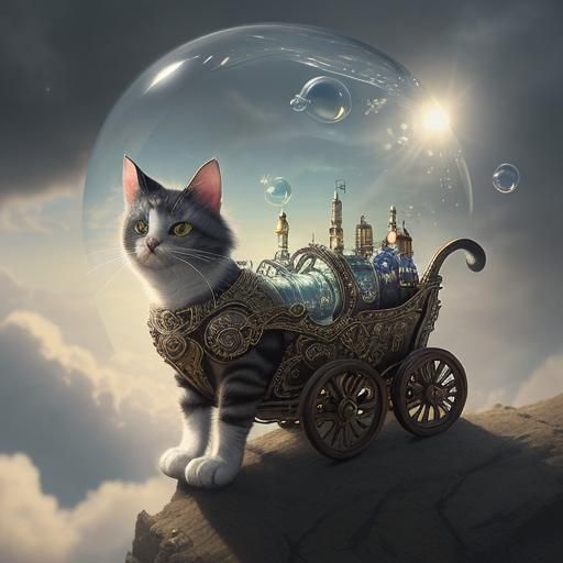 Fantasy Cat Car in Dreamy Landscape