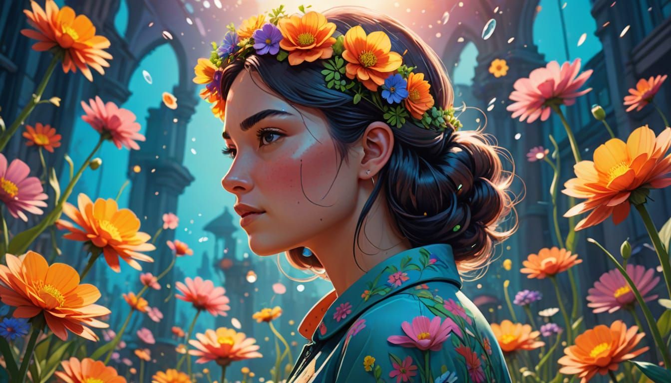 Girl from a Dreamy Floral World in Comic Book Style