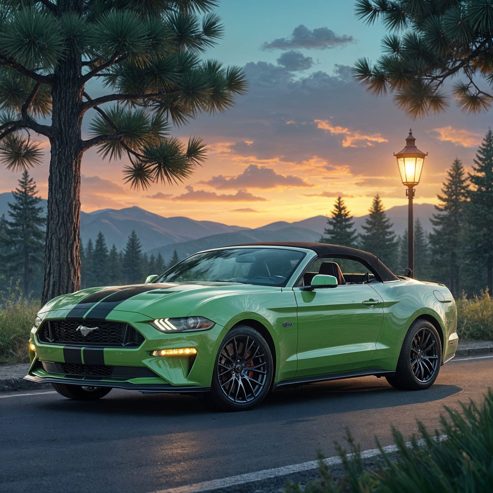 Bright Green Ford Mustang GT Convertible at Dusk