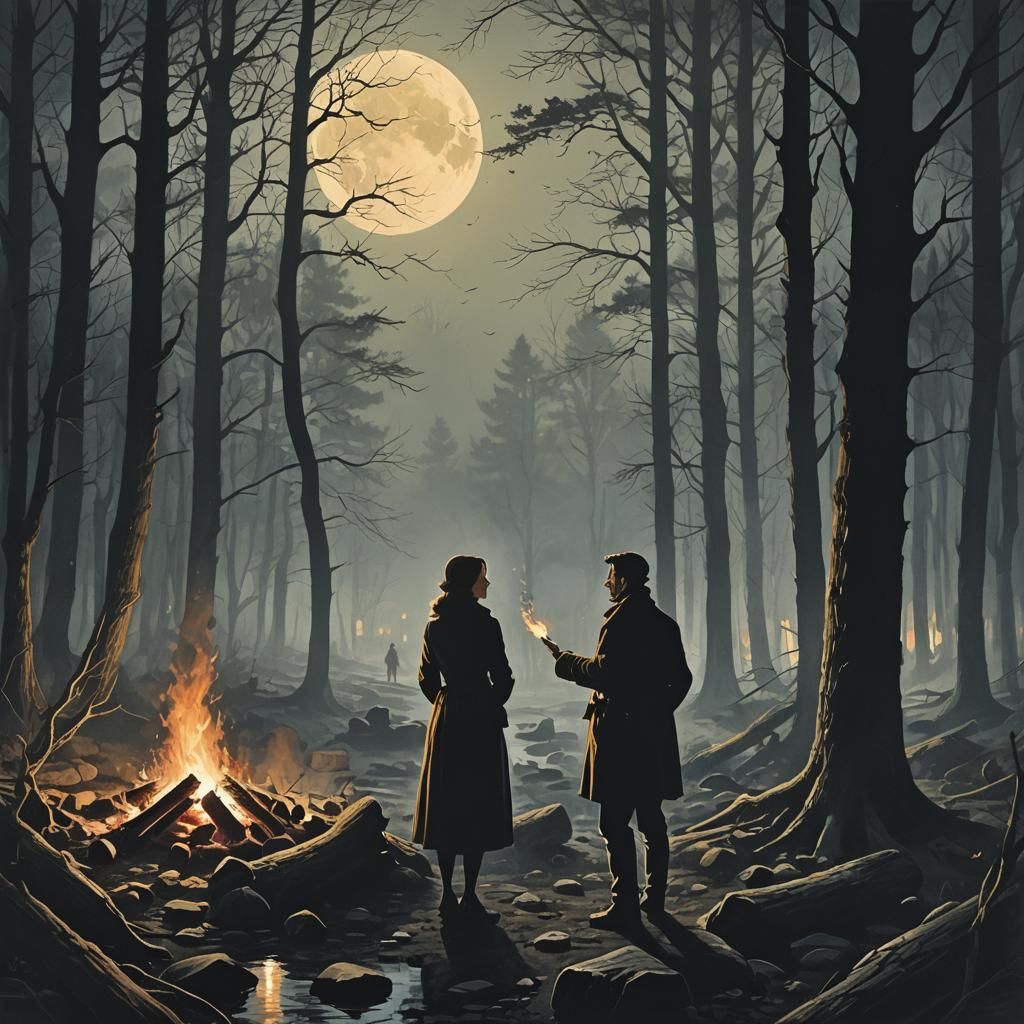 Moonlit Campfire Scene in Misty Dark Woods