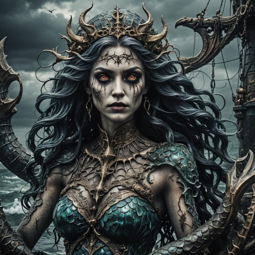 Demonic Mermaid Enchants Sailors: Hyperrealistic Image