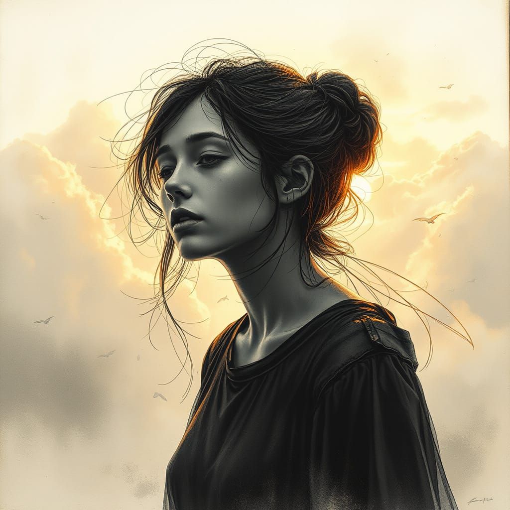 Contemplative Woman in Golden Light: Charcoal Art