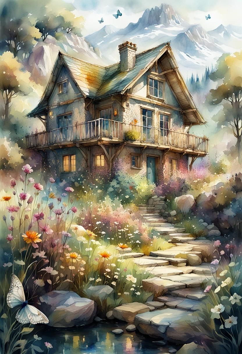 Fantasy Stone House in Flowery Meadow, Watercolor Art