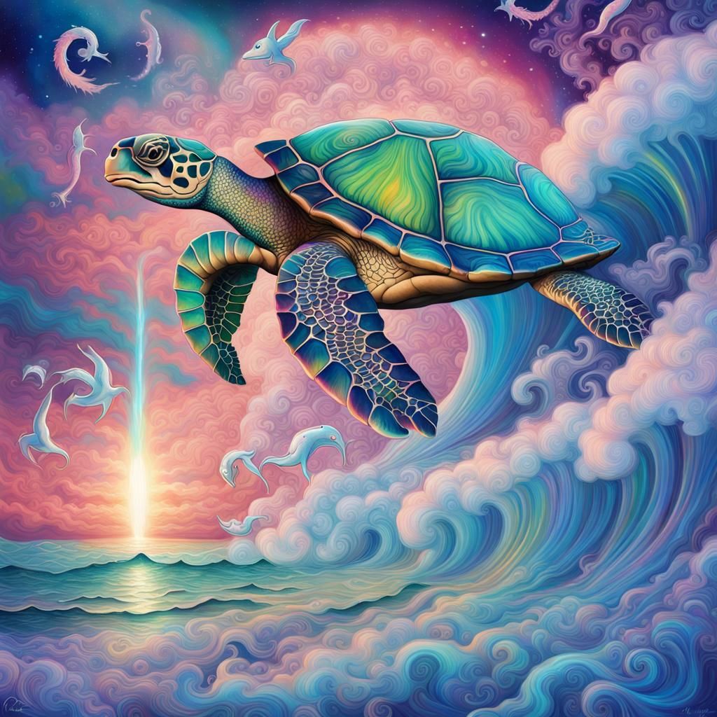 Turtle Lighthouse Surfing Seahorse Wave, Astral Illustration
