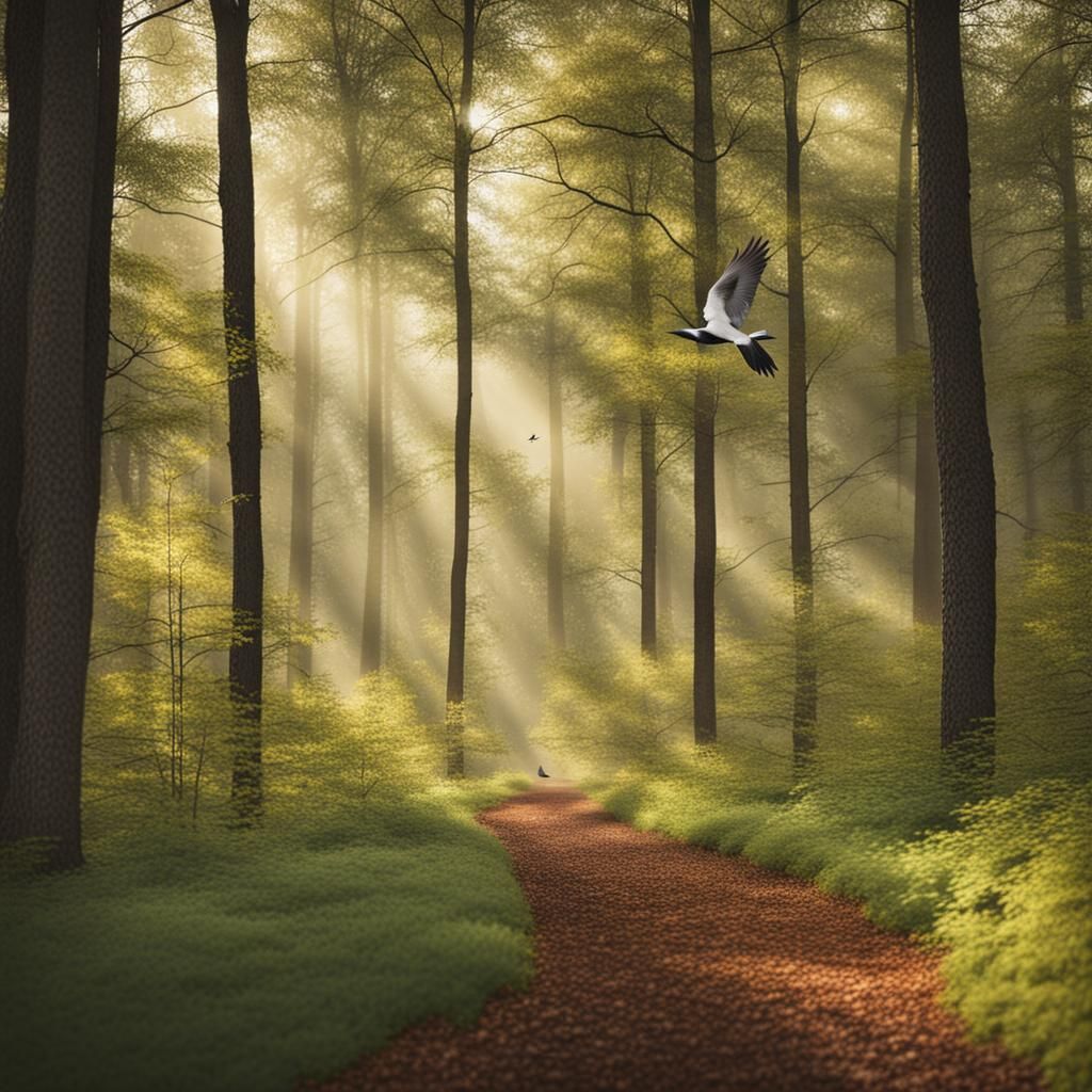 Scenic Woods with Birds in Flight