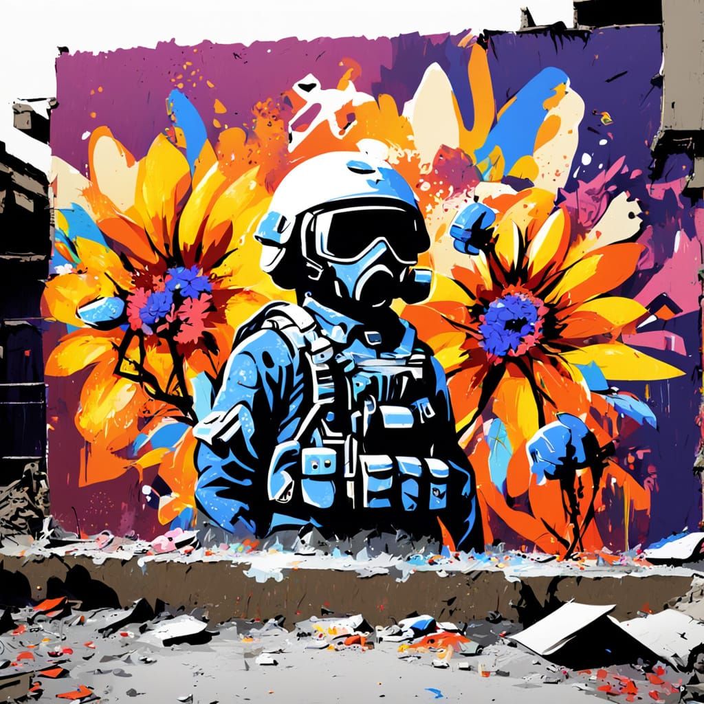 Anti-War Graffiti Art with Flowers in Bomb Site