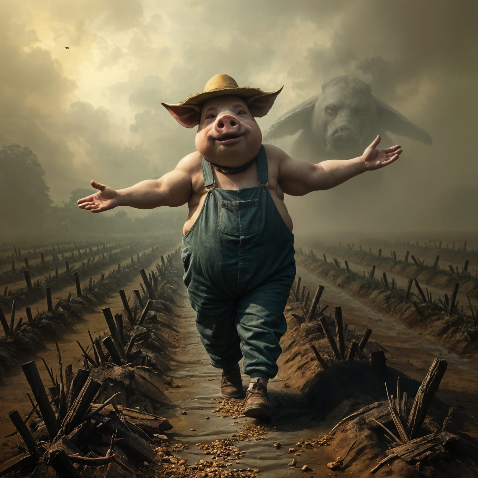 Pig-Headed Farmer Sowing Seeds in Dark Fantasy Style
