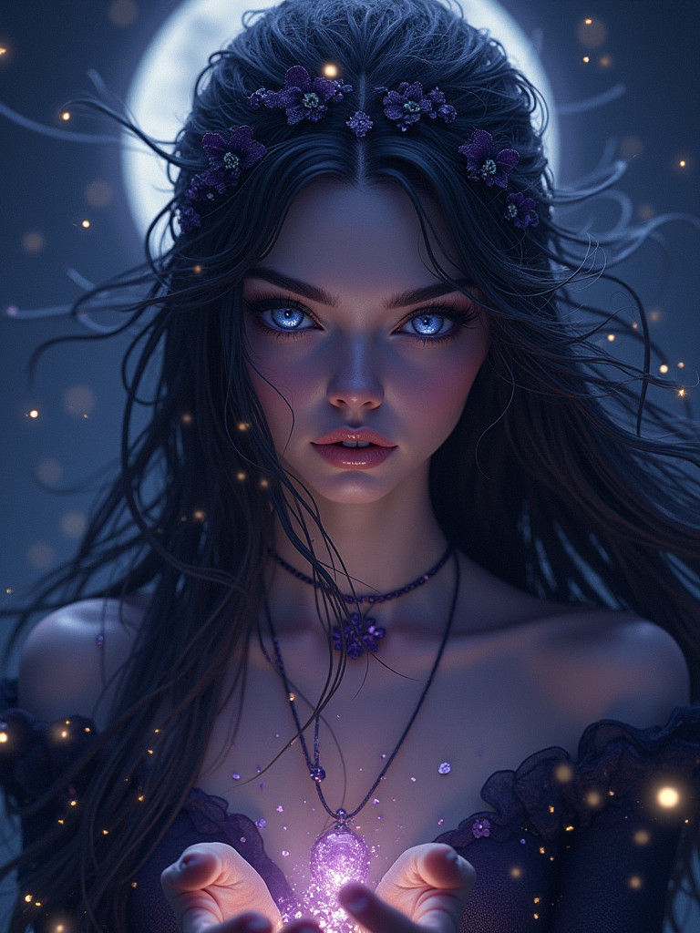 Mystical Female Avatar with Lunar Aura in Dark Fantasy Style