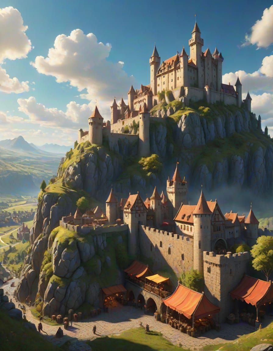 Castle in Golden Light, Vibrant Fantasy Valley