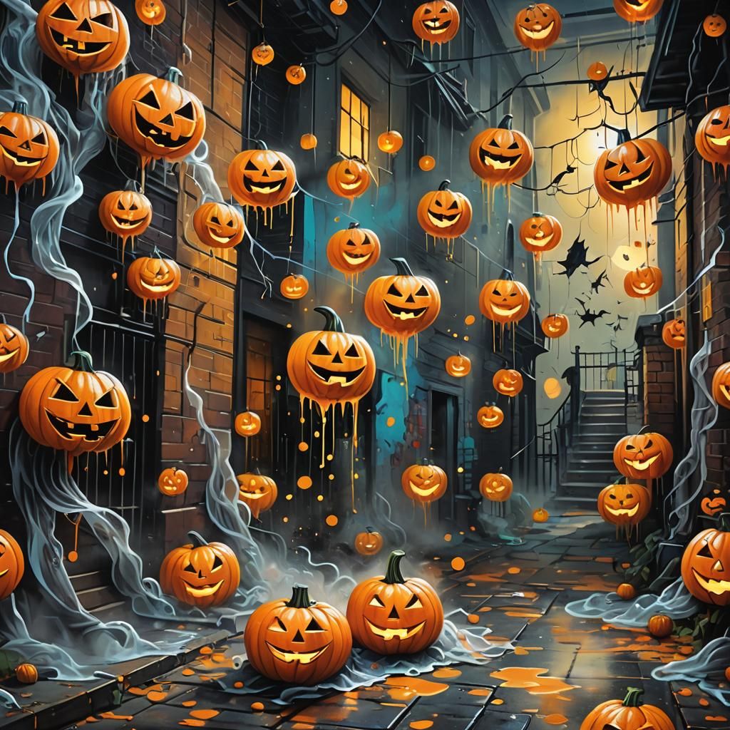 Halloween Street Art with Glowing Jack-o-Lanterns