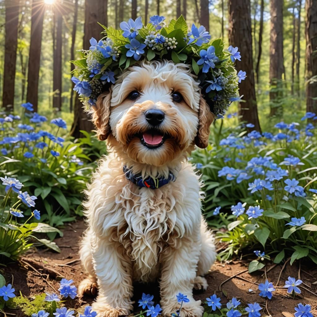 Cute Burnidoodle with Blue Flower Crown