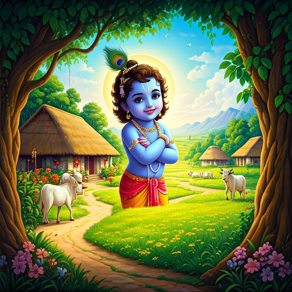 Gokul Village Scene with Playful Krishna in Indian Folk Art ...