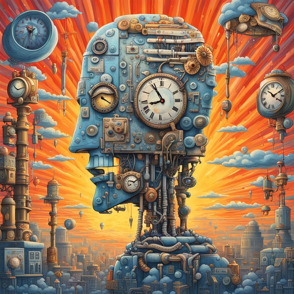 Surreal Robot Head with Clock Face at Sunrise