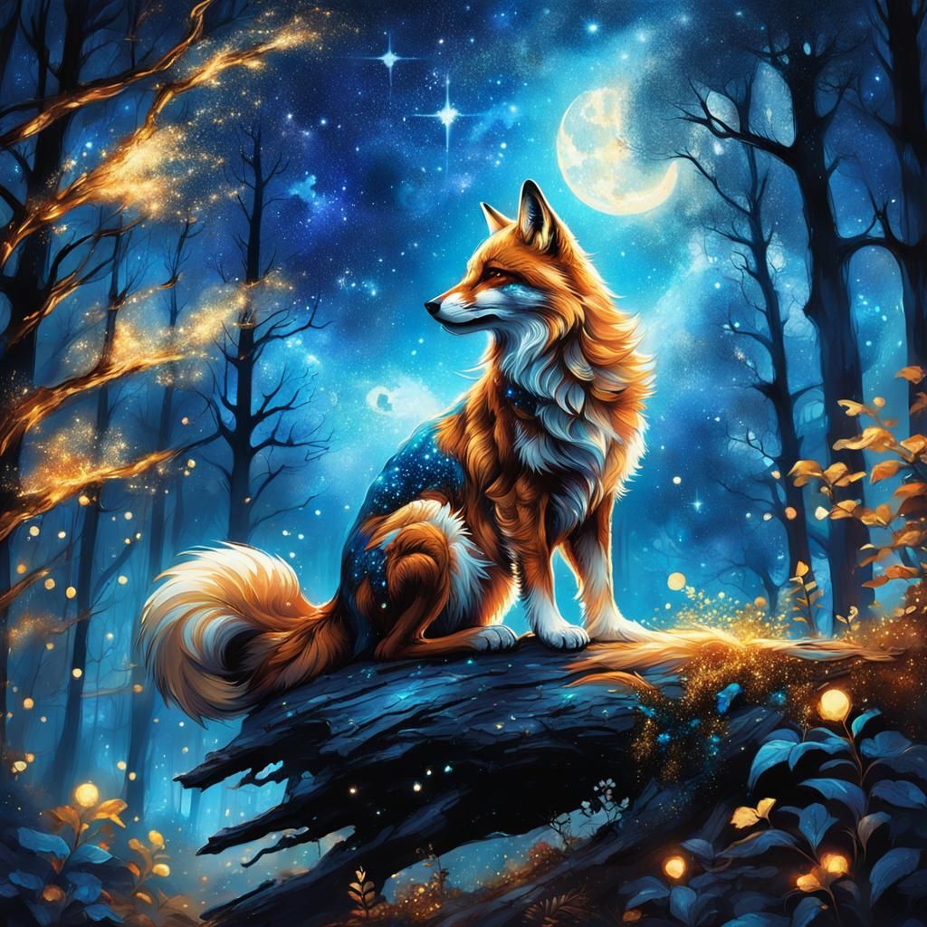 Fox Gazing at Night Sky in Dreamy Forest