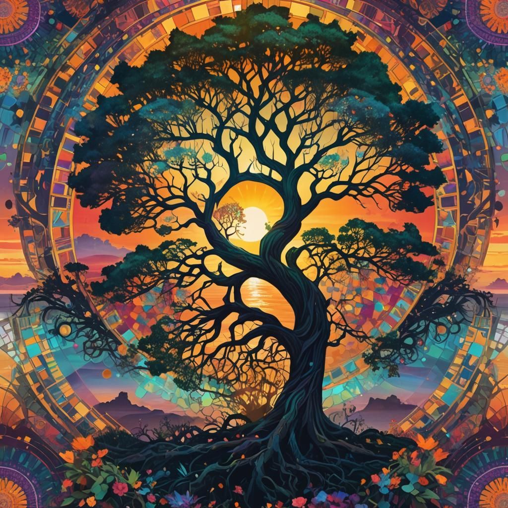 Goddess Double Exposure: Sunset Coast and Psychedelic Tree