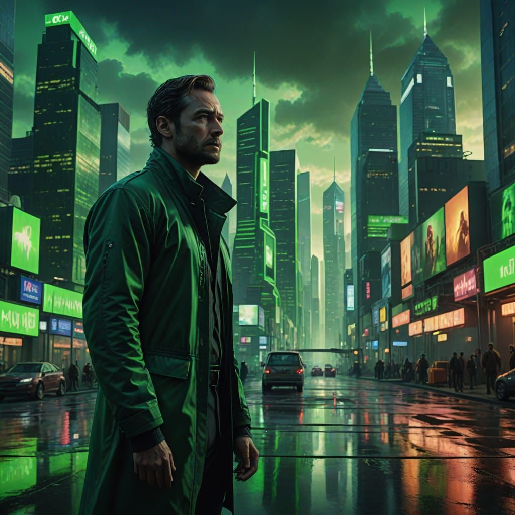 Actor in Front of Futuristic Cityscape Composite