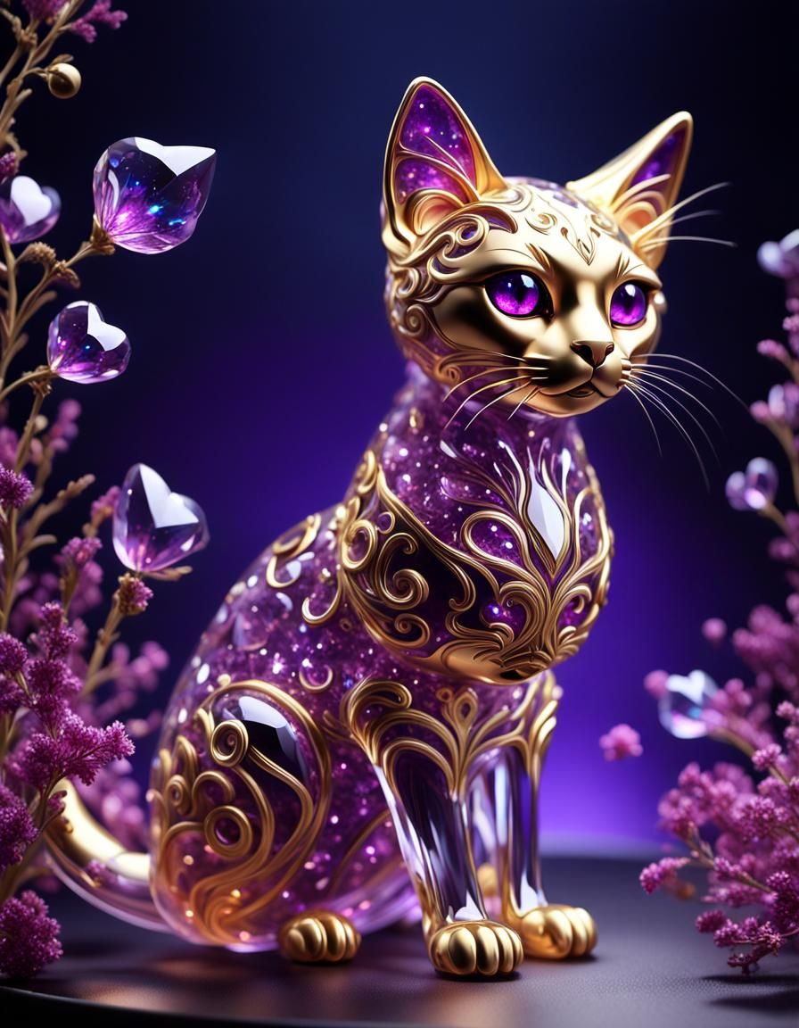 Bioluminescent Crystal Cat Sculpture in Magical Forest