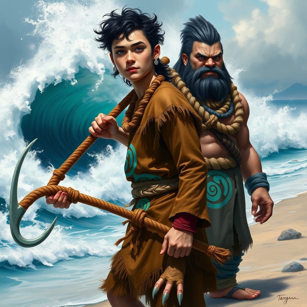 Maori Demigod Maui with Tangaroa, in the Style of Greg Rutko...