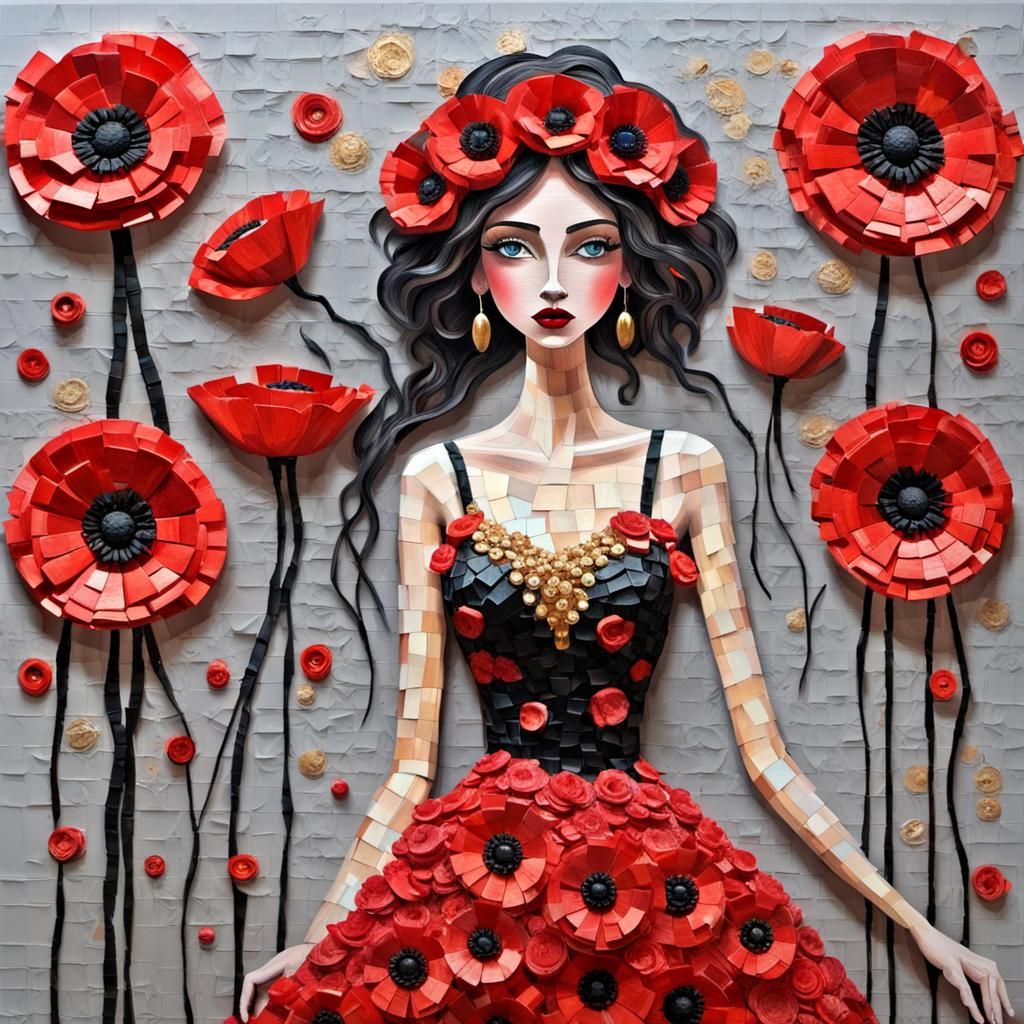 Whimsical Folk Art Impasto Painting of Poppy Woman