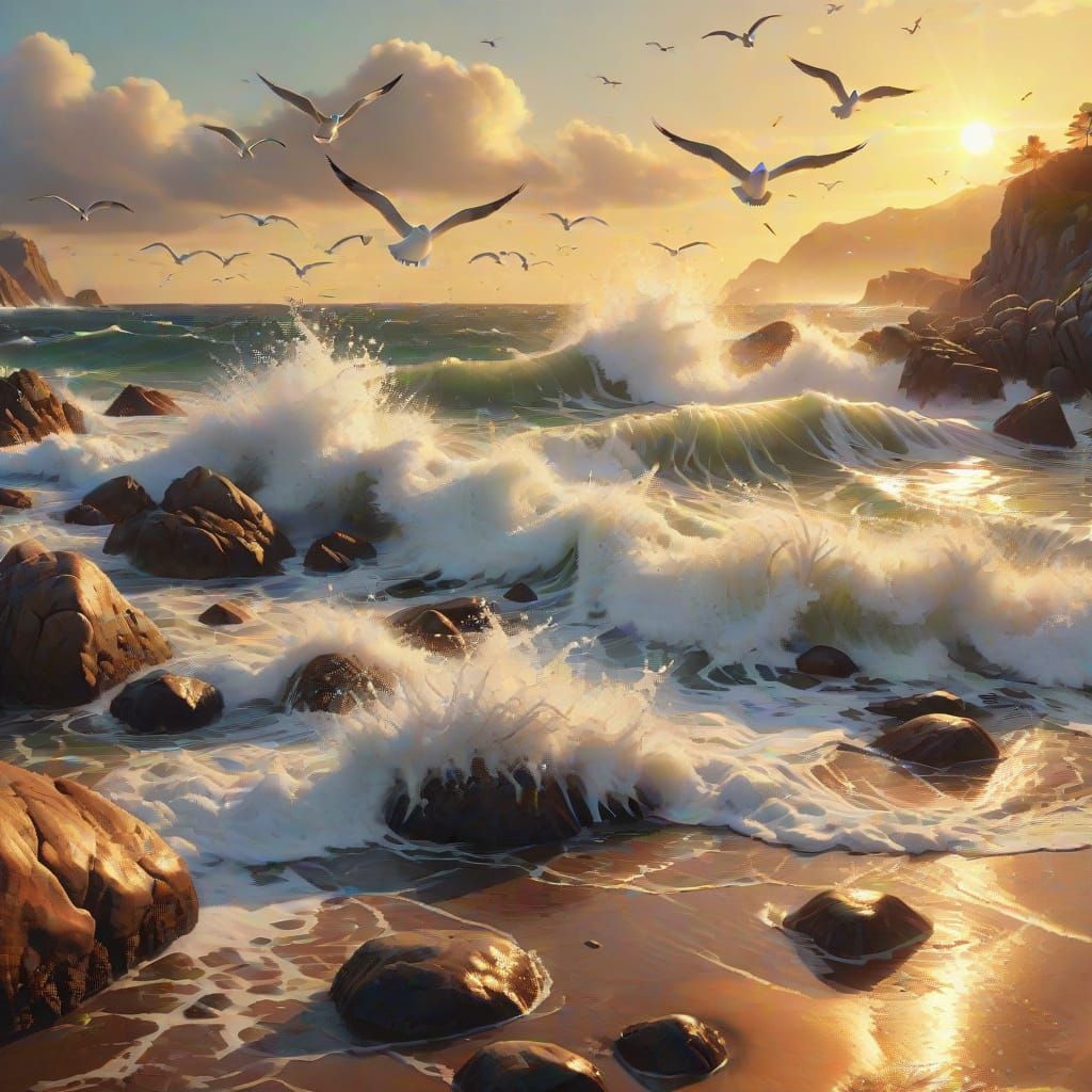 Rocky Beach with Crashing Waves in Digital Art