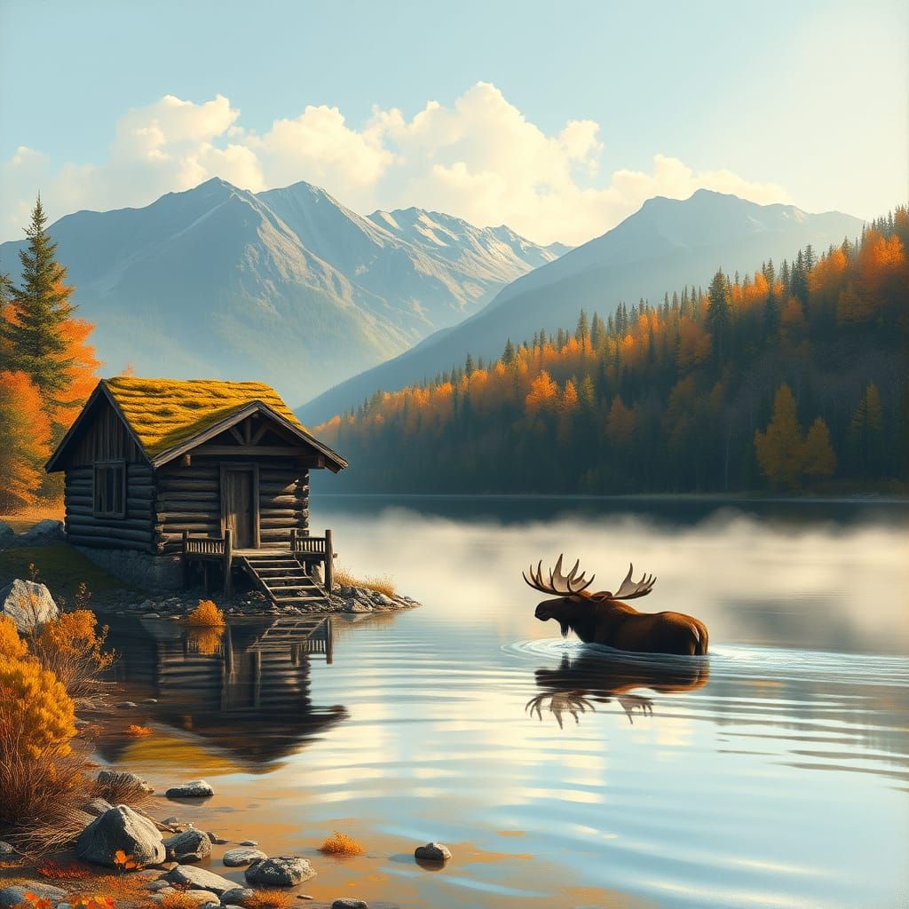 Rustic Canadian Lake Scene with Majestic Moose