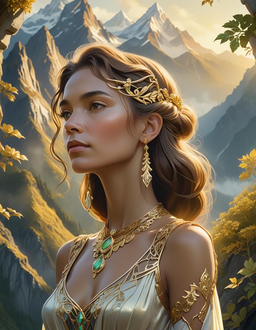 Woman in Golden Jewelry with Mountain Backdrop
