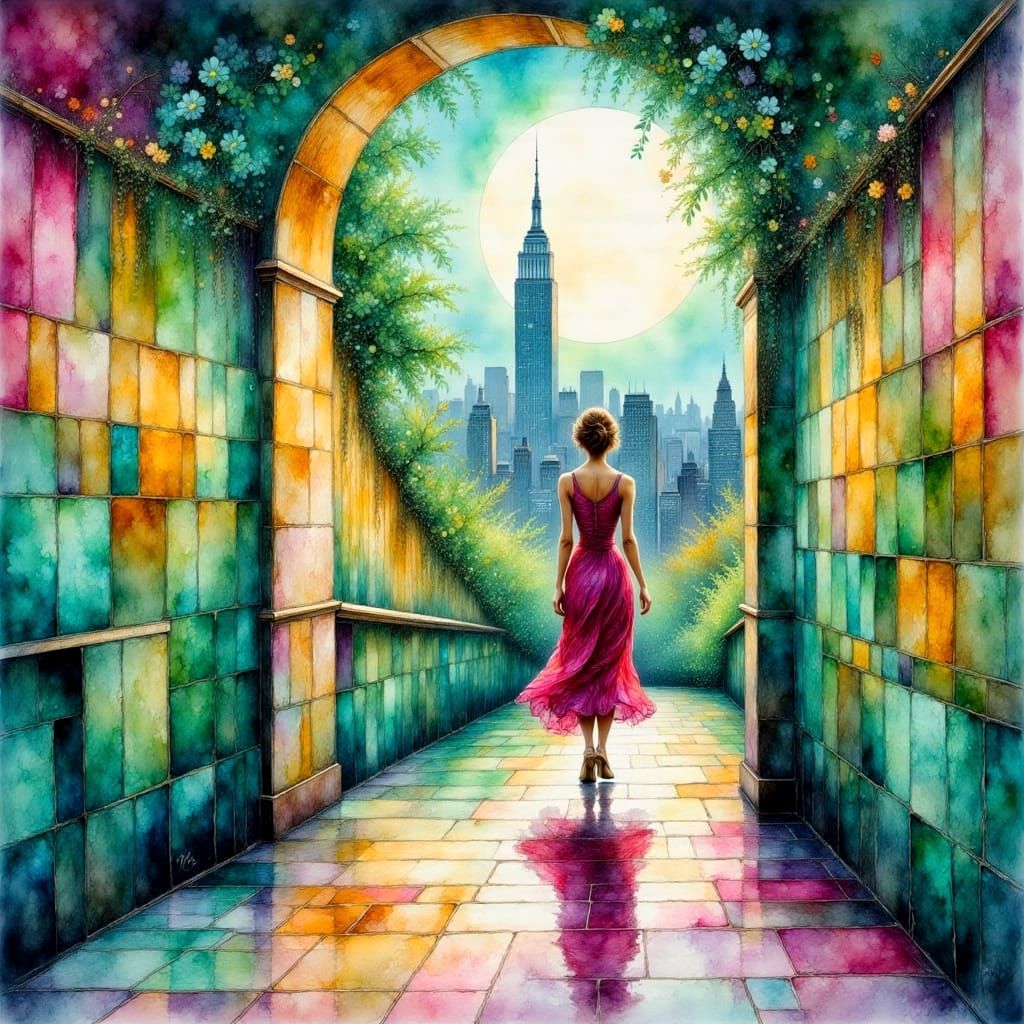 Stylish Woman Walks to City in Impasto Painting