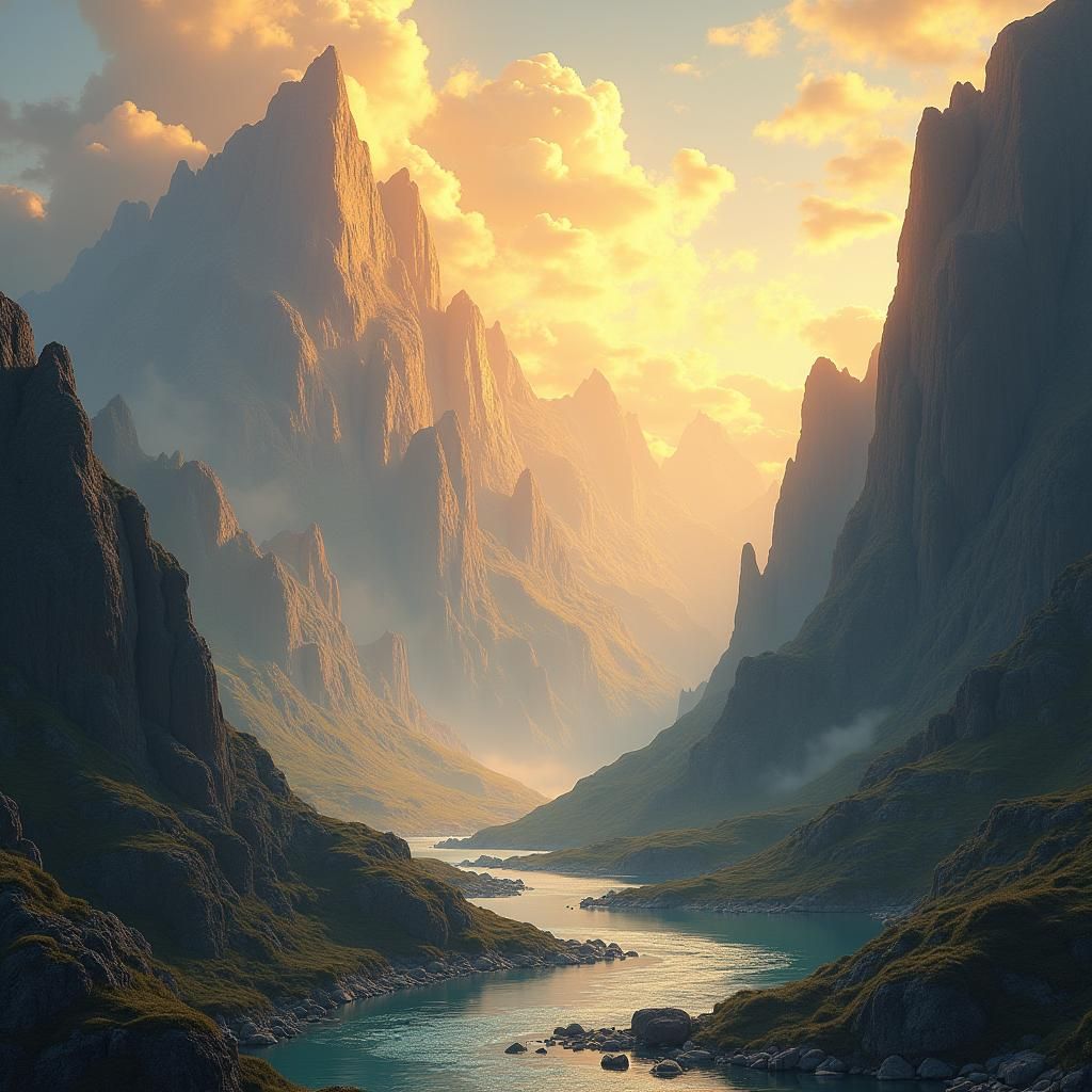 Golden Sky Mountain Landscape in Matte Painting Style