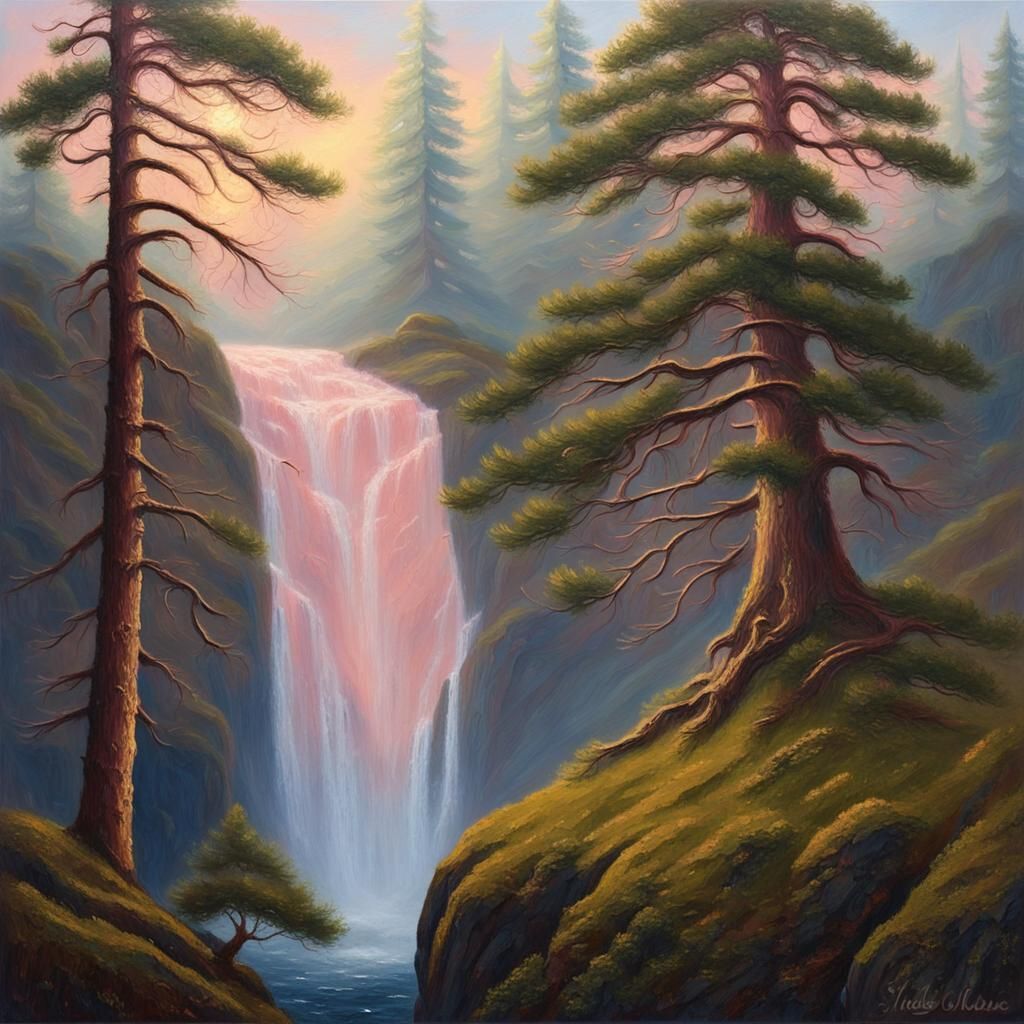Misty Waterfall Landscape Painting in Bierstadt Style