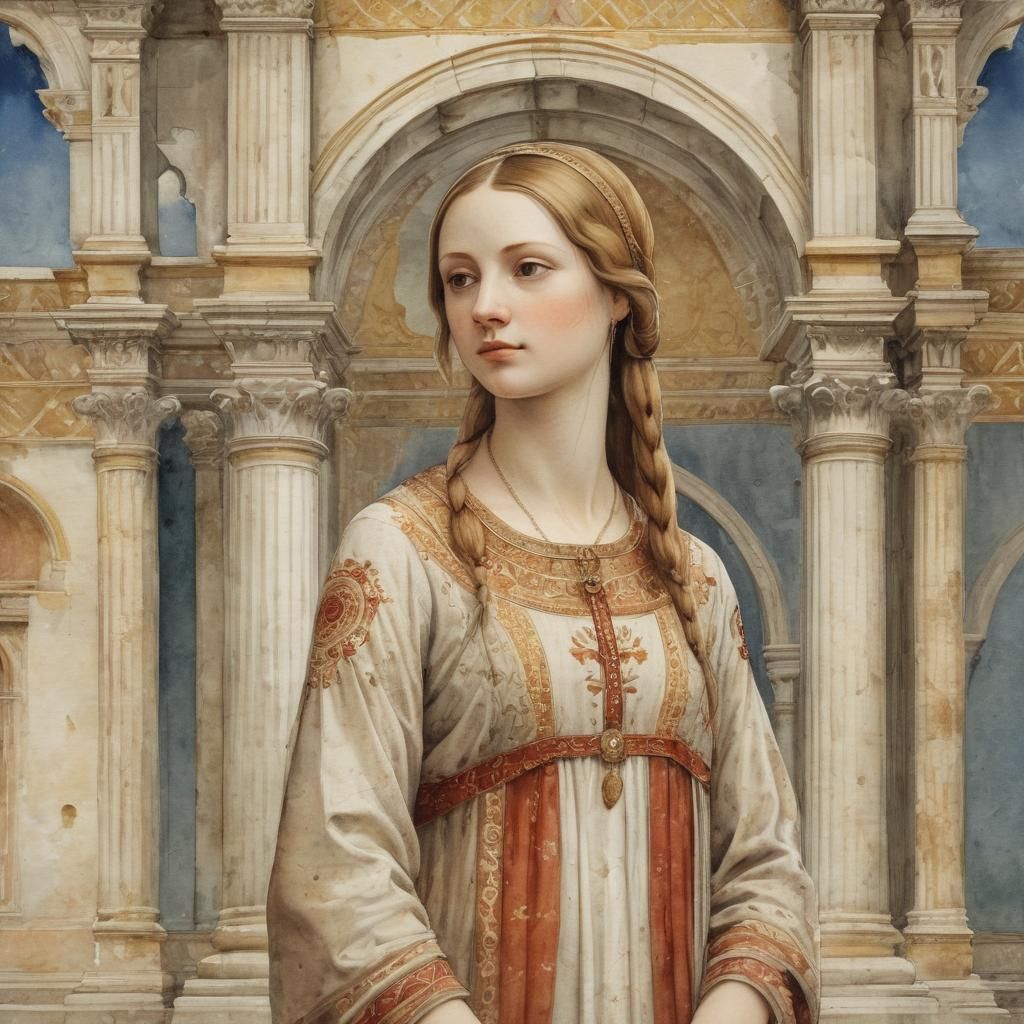 A medieval portrait of a beautiful girl standing in front of a temple