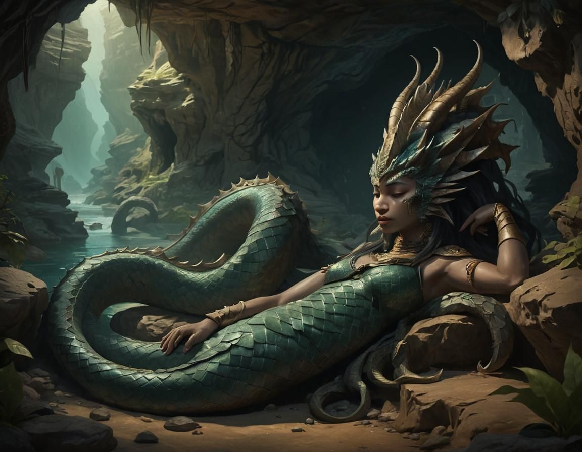 She-naga resting in her cave.