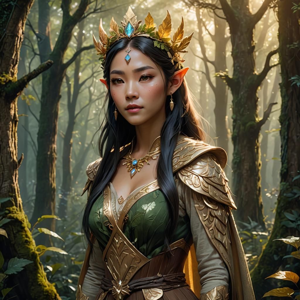 Asian Wood-Elf Girl in Forest: Vibrant Digital Art