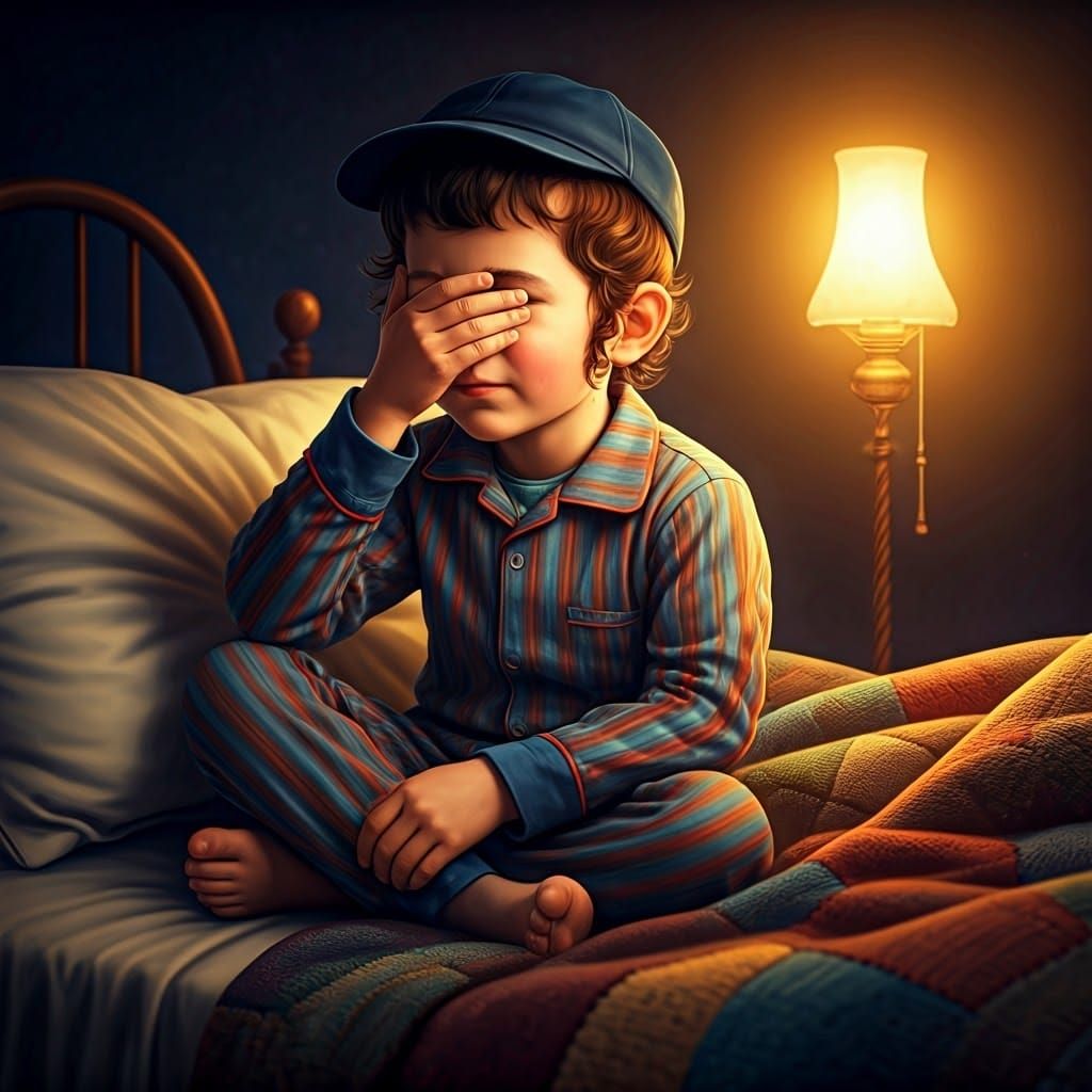 Whimsical Hasidic Boy Lost in Thought, Under a Cozy Patchwor...