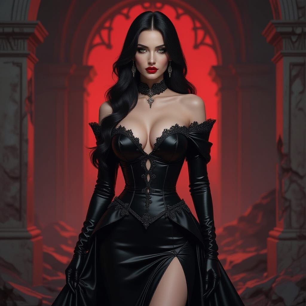 Mysterious Woman in Latex Gown Amidst Ruins