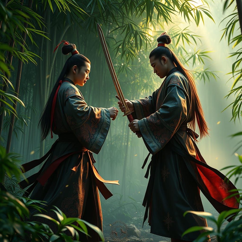 Lush Bamboo Expanse Unfolds: Wuxia Warriors Confront in Mist...
