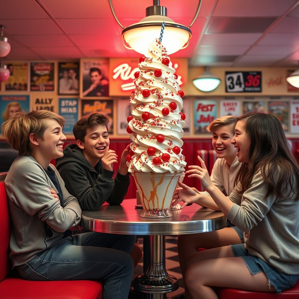 Teenagers Share Sundae in Retro Diner