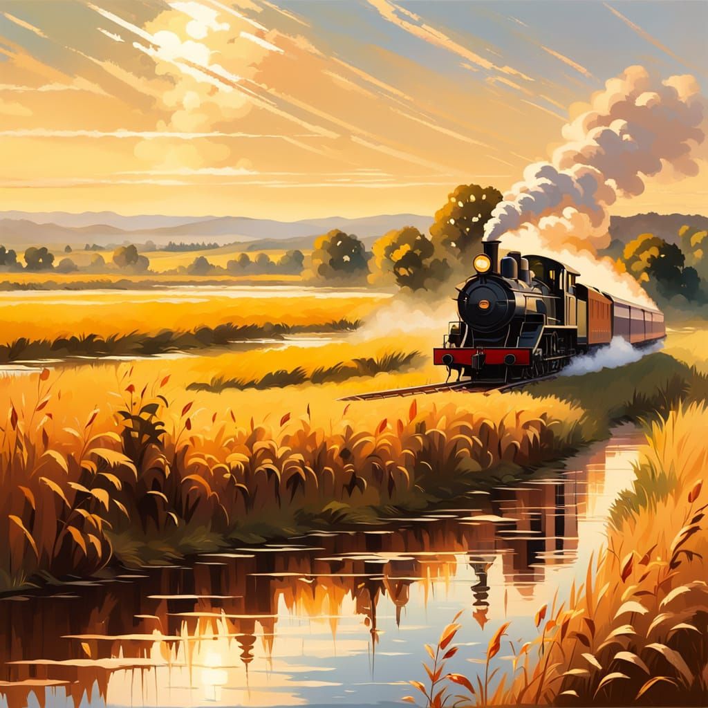 Impressionist Steam Engines in Golden Countryside Light