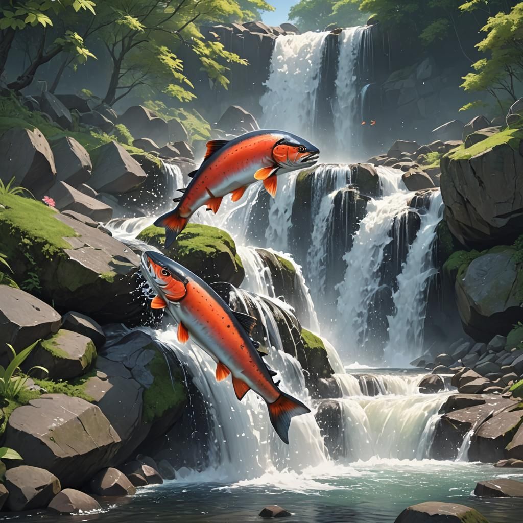 Salmon Leaping Waterfall in 3D Anime Art