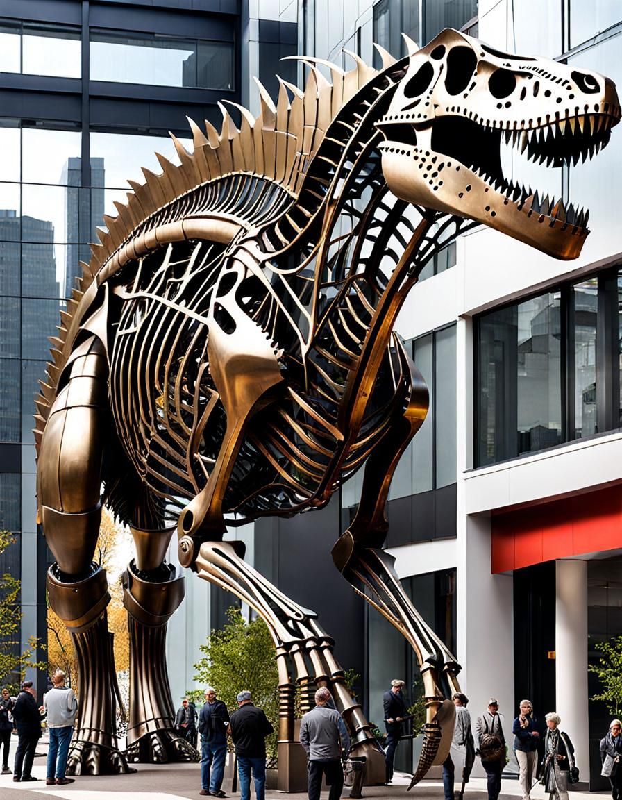 Giant Metal Dinosaur Skeleton Art in City