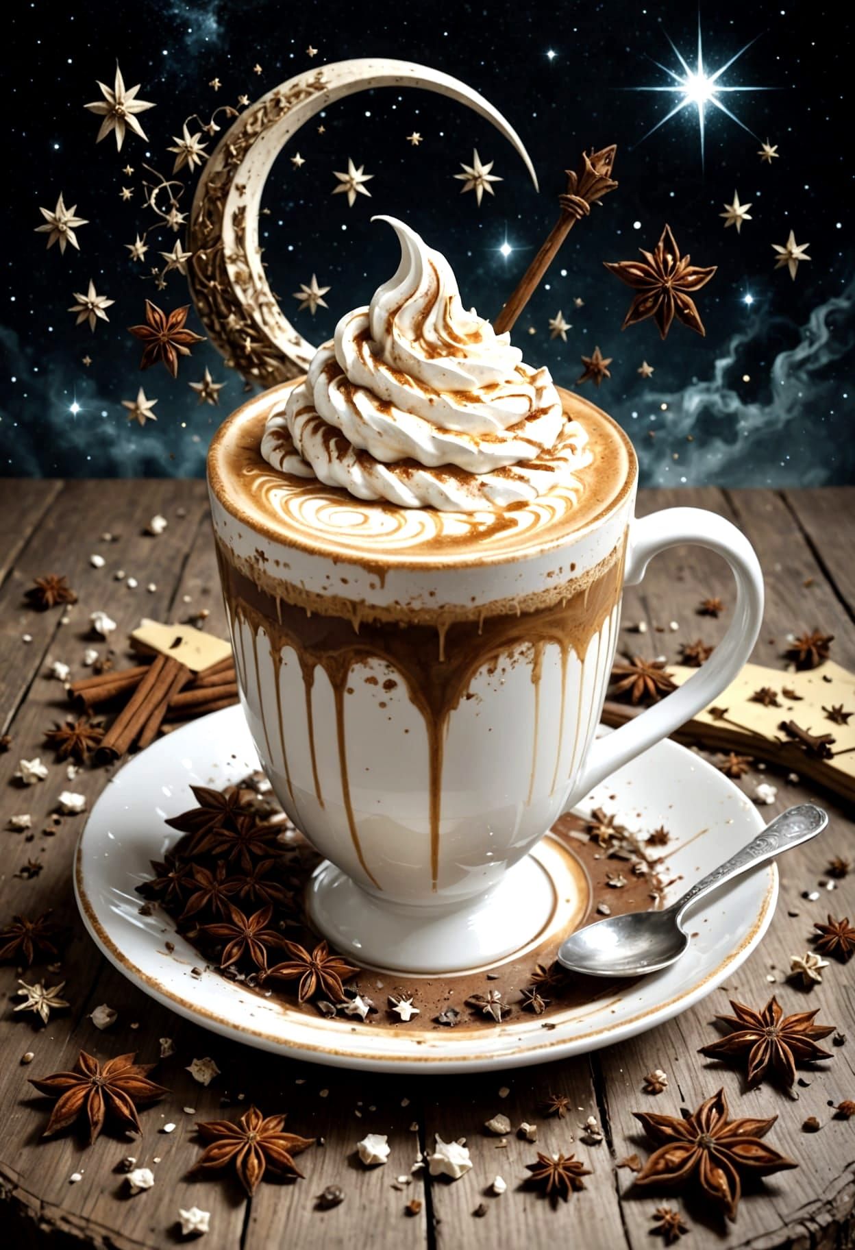 Ornate Latte Art with Moon and Star