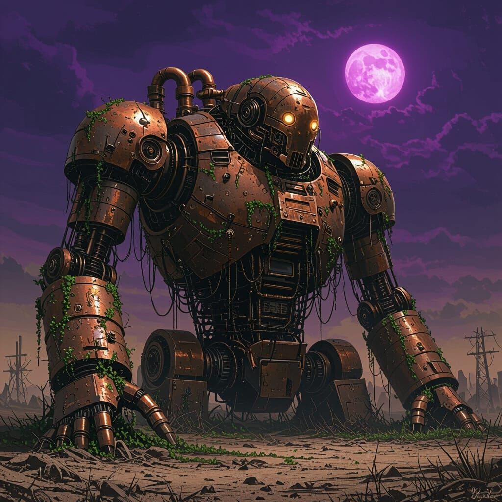 Steampunk Biomechanical Robot in Post-Apocalyptic Wasteland