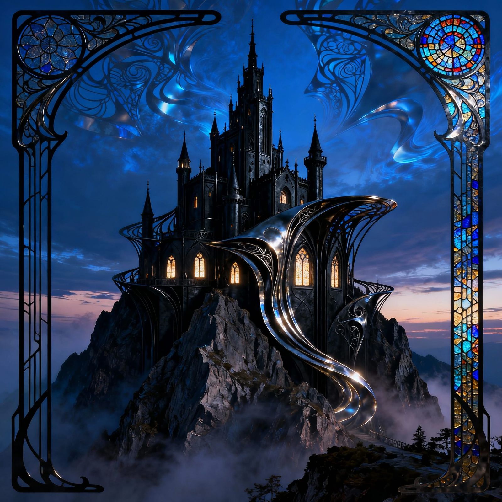 Majestic Art Nouveau Castle on Mountain Peak