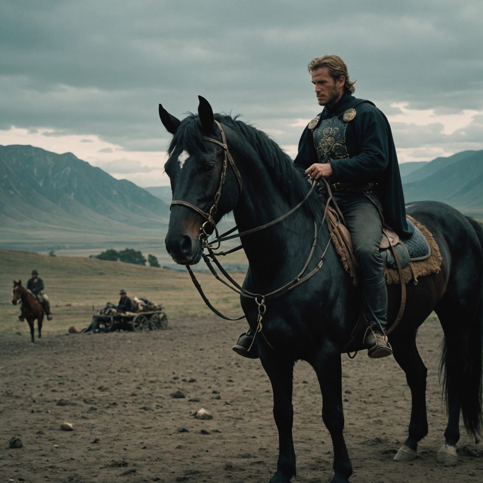 Cinematic Black Rider Holds Scales in Majestic 35mm Landscap...